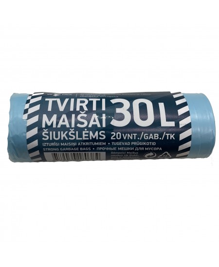 Šiukšlių maišai, 30 litrų, rulone 20 vnt., storis 12 µm, HDPE, mėlynos sp.