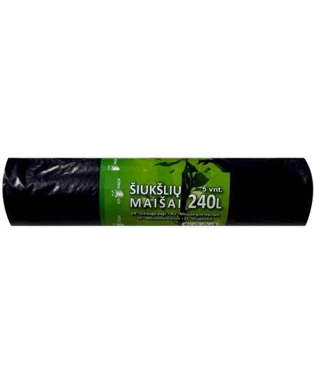 Šiukšlių maišai, 240 litrų, rulone 5 vnt., storis 50 µm, LDPE, juodos sp.