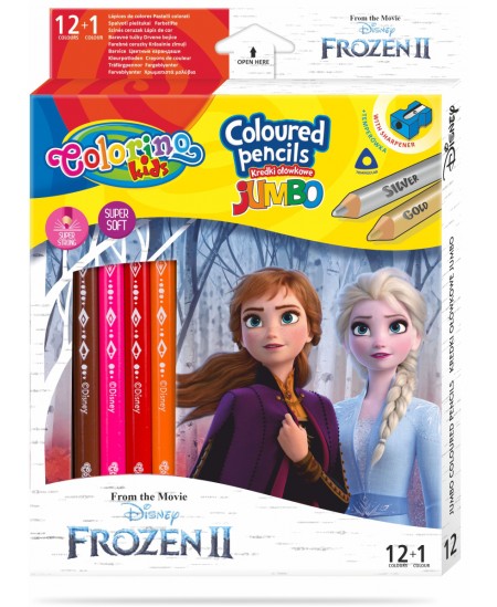 Spalvoti pieštukai COLORINO Disney "Ledo šalis" JUMBO, tribriauniai, su drožtuku, 12 spalvų