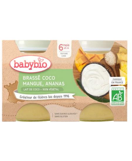 Ekologiška kokosų pieno, mangų, ananasų ir ryžių tyrelė BABYBIO, nuo 6 mėn., 2x130 g