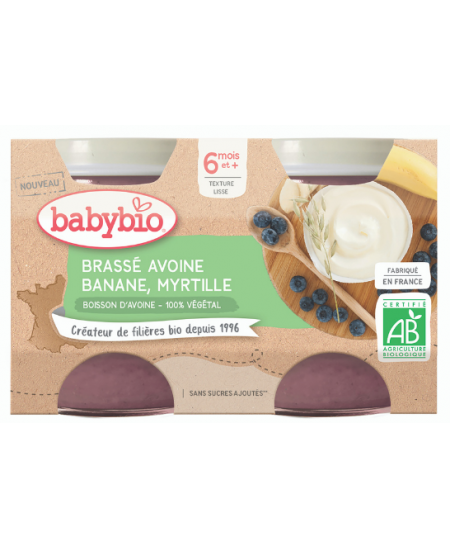 Ekologiška avižų jogurto, bananų ir mėlynių tyrelė BABYBIO, nuo 6 mėn., 2x130 g