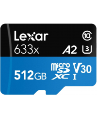 Lexar High-Performance 633x UHS-I  MicroSDXC, 512 GB, Flash memory class 10, Black/Blue, Class: A2 V30 U3, 70 MB/s, 100 MB/s