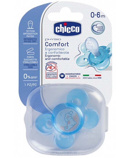 CHICCO Ortodontinis žindukas PHYSIO COMFORT su sterilizavimo dėklu, 0-6M, Iš "Mum effect" silikono
