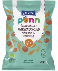 Ekologiškas kukurūzų užkandis su morkomis ir pomidorais PONN, nuo 7 mėn., 20 g