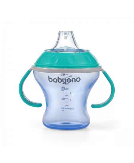 Neišsiliejantis puodelis BabyOno, minkštu snapeliu NATURAL NURSING, mėlynas, 180 ml