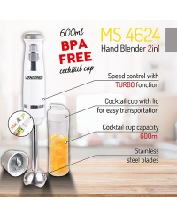 Mesko Blender MS 4624 Hand Blender, 1000 W, Number of speeds Variable, Turbo mode, White