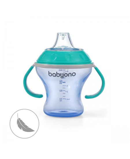 Neišsiliejantis puodelis BabyOno, minkštu snapeliu NATURAL NURSING, mėlynas, 180 ml