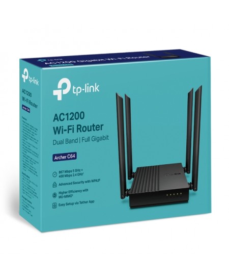 TP-LINK AC1200 Wireless MU-MIMO Wi-Fi Router Archer C64 802.11ac, 867+400 Mbit/s, Ethernet LAN (RJ-45) ports 4, MU-MiMO Yes, Ant