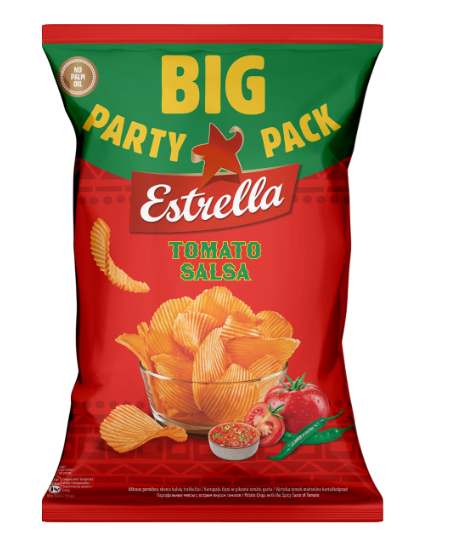 Bulvių traškučiai ESTRELLA, vingiuoto pjaustymo, aštraus pomidorų skonio, 250 g