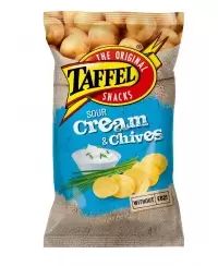 Bulvių traškučiai TAFFEL, grietinės ir laiškinių svogūnų skonio, 180g