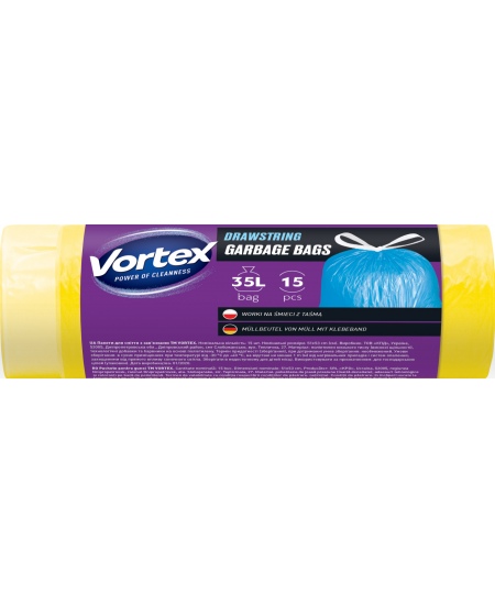 Šiukšlių maišai VORTEX, 35 l, 15 vnt., storis 13 μm, HDPE,  geltoni