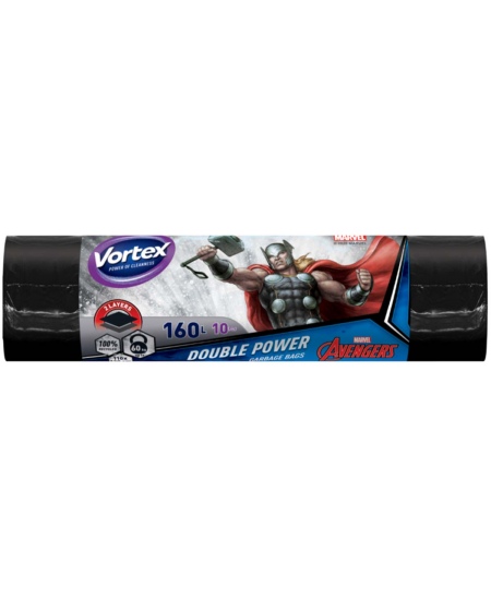 Šiukšlių maišai VORTEX  dvisluoksniai, 160 l, 10 vnt., storis 45 μm, HDPE/LDPE, juodi