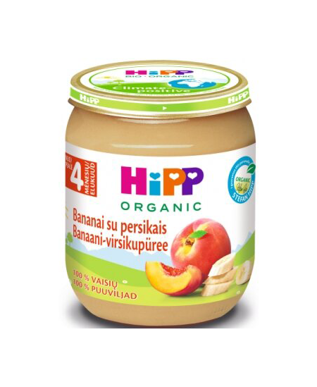 Ekologiška bananų ir persikų tyrelė HiPP, nuo 4 mėn., 125 g