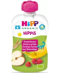 Ekologiška obuolių, bananų, aviečių, grūdų tyrelė HiPP, nuo 6 mėn., 100 g