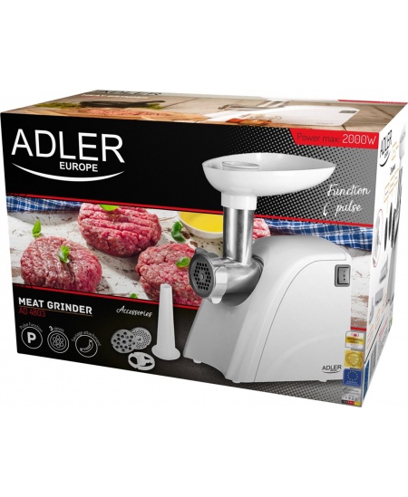 Adler AD 4803 Meat mincer, Power 800W, Bowl, Middle size sieve, Mince sieve, Poppy sieve, Plunger, Sausage filler Adler