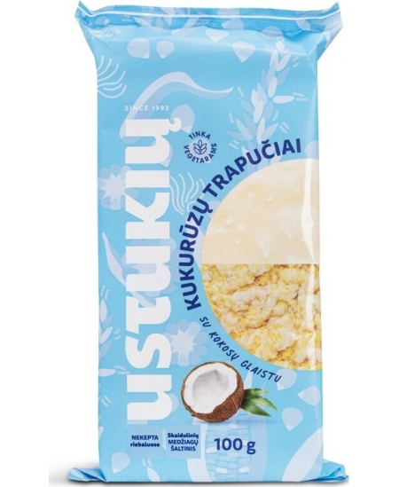 Kukurūzų trapučiai USTUKIŲ MALŪNAS, su kokosų skonio glaistu, 100 g