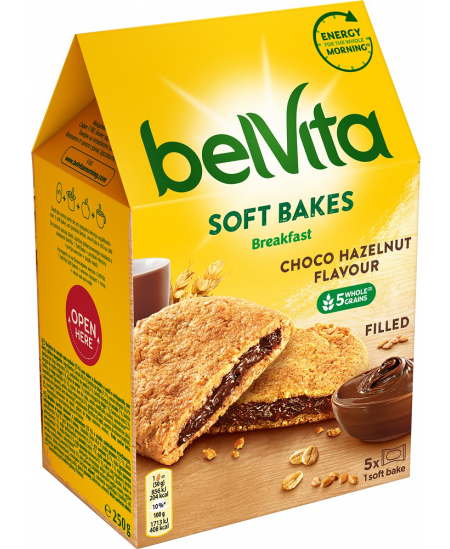 BELVITA minkšti sausainiai su šokolado ir lazdyno riešutų skonio įdaru, 250g