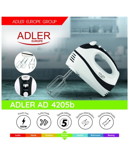 Adler | Mixer | AD 4205 b | Hand Mixer | 300 W | Number of speeds 5 | Turbo mode | White/Black