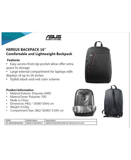 Asus NEREUS Fits up to size 16 ", Black, Backpack