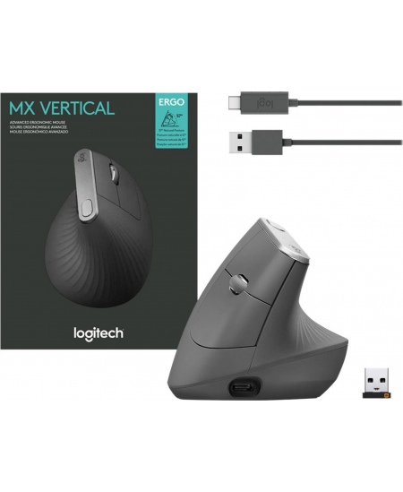 Logitech | Ergonomic Mouse | MX VERTICAL | Wireless | USB, Bluetooth | Graphite
