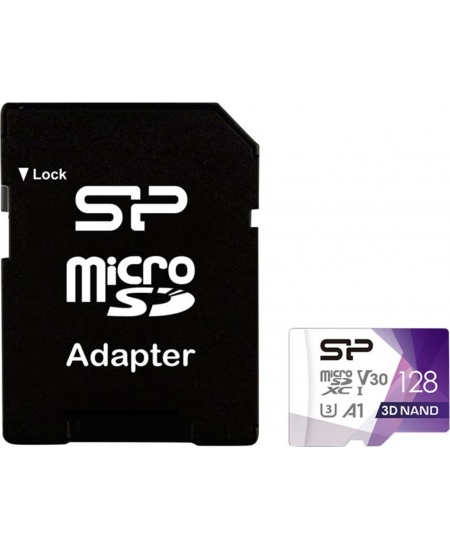 Silicon Power Superior Pro 128 GB, micro SDXC, Flash memory class 10, with Adapter, C10,UHS-I U3, A1, V30
