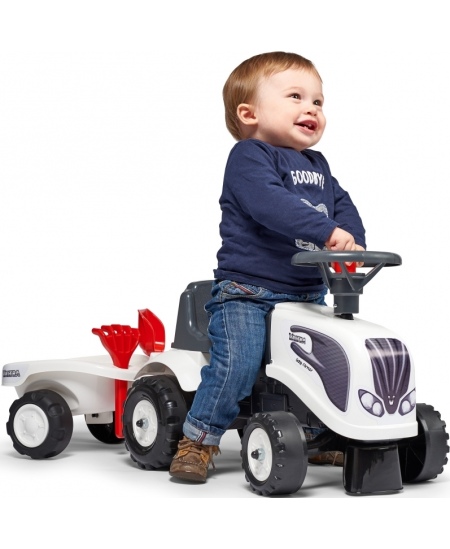 FALK Traktorek Baby Valtra Biały z Przyczepką + akc. od 1 roku