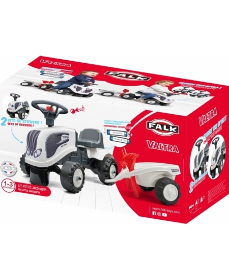 FALK Traktorek Baby Valtra Biały z Przyczepką + akc. od 1 roku