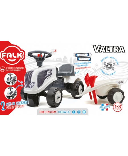 FALK Traktorek Baby Valtra Biały z Przyczepką + akc. od 1 roku