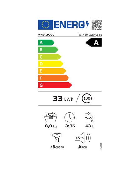 Whirlpool Washing machine | W7X 89 SILENCE EE | Energy efficiency class A | Front loading | Washing capacity 8 kg | 1400 RPM | D