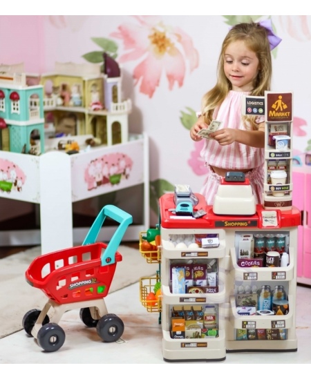 WOOPIE Sklep Supermarket z Wózkiem Sklepowym Waga Kasa Skaner + 48 Akc.