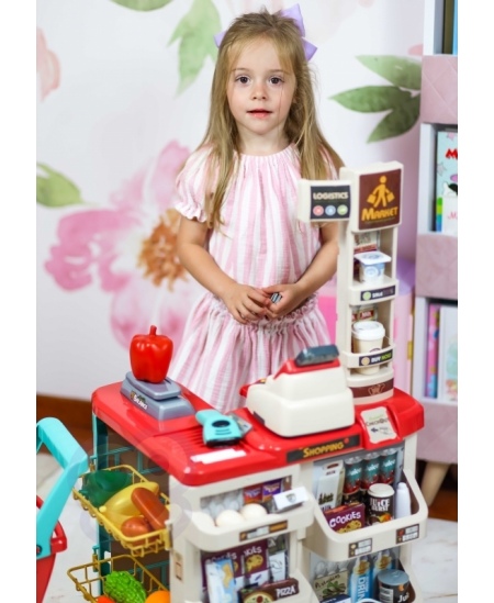 WOOPIE Sklep Supermarket z Wózkiem Sklepowym Waga Kasa Skaner + 48 Akc.