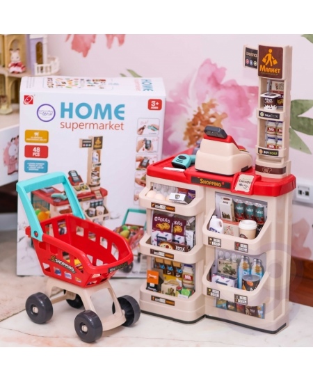 WOOPIE Sklep Supermarket z Wózkiem Sklepowym Waga Kasa Skaner + 48 Akc.