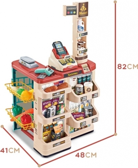 WOOPIE Sklep Supermarket z Wózkiem Sklepowym Waga Kasa Skaner + 48 Akc.