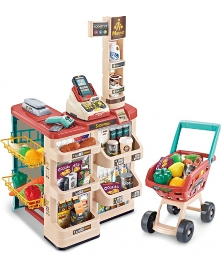 WOOPIE Sklep Supermarket z Wózkiem Sklepowym Waga Kasa Skaner + 48 Akc.