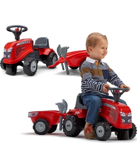 FALK Traktorek Baby Massey Ferguson Czerwony z Przyczepką + akc. Od 1 roku