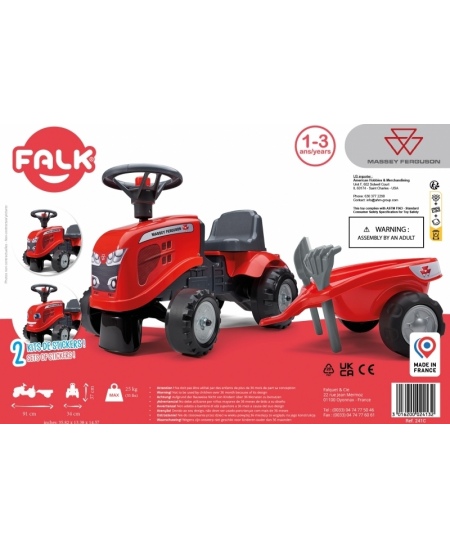 FALK Traktorek Baby Massey Ferguson Czerwony z Przyczepką + akc. Od 1 roku