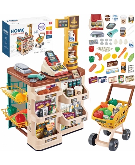 WOOPIE Sklep Supermarket z Wózkiem Waga Kasa Skaner + 48 Akc.