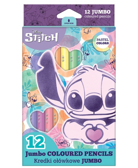 Spalvoti pieštukai DISNEY Stitch Pastel JUMBO, 12 spalvų