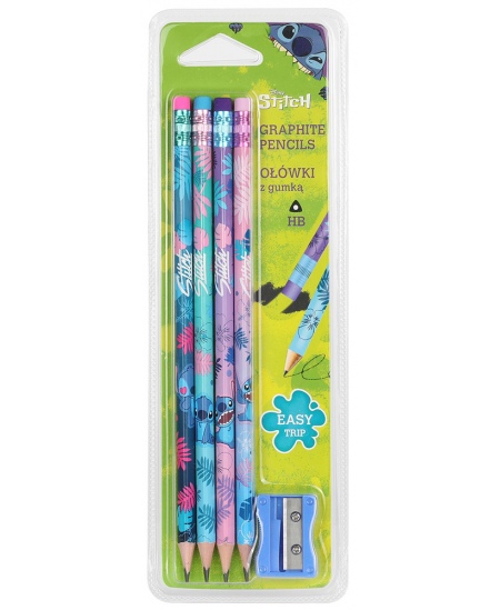Pieštukai su trintukais DISNEY Stitch Blue, trikampiai, su drožtuku, HB, 4 vnt.