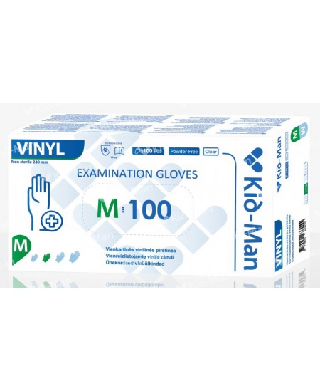 Vienkartinės vinilinės pirštinės KID-MAN, be pudros, M dydis, 100 vnt.