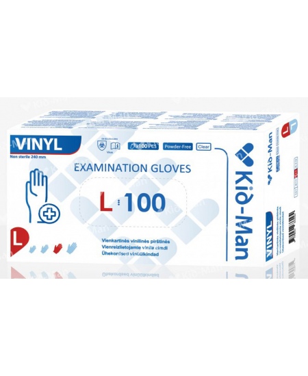 Vienkartinės vinilinės pirštinės KID-MAN, be pudros, L dydis, 100 vnt.