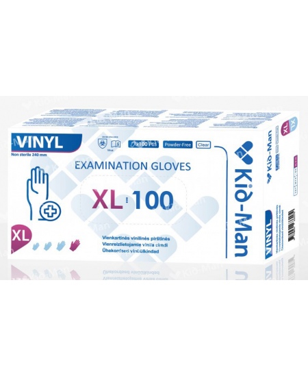Vienkartinės vinilinės pirštinės KID-MAN, be pudros, XL dydis, 100 vnt.