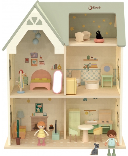 CLASSIC WORLD Wielki Drewniany Domek dla Lalek z mebelkami