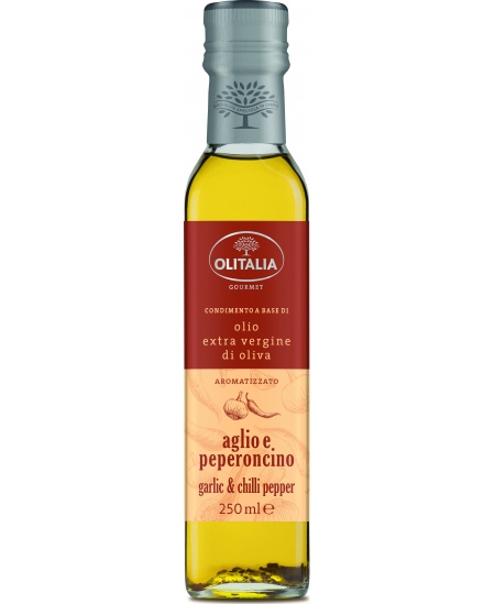 Alyvuogių aliejus OLITALIA, Extra Virgin, su česnakais ir aitriosiomis paprikomis, 250 ml