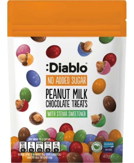 Žemės riešutų skanėstai, padengti pieniniu šokoladu, DIABLO, be pridėtinio cukraus, 40g