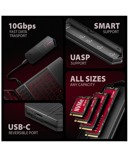 AXAGON USB-C 10Gbps - M.2 NVMe and SATA SSD GAME M.2 box | EEM2-GAM
