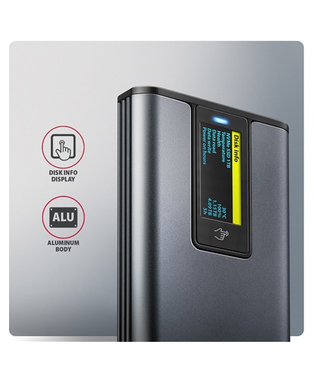 AXAGON External USB-C 10Gbps metal box with info display for M.2 NVMe and SATA SSD | EEM2-SD2