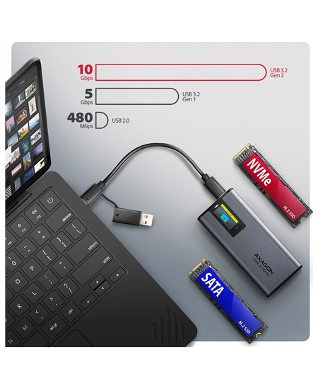 AXAGON External USB-C 10Gbps metal box with info display for M.2 NVMe and SATA SSD | EEM2-SD2