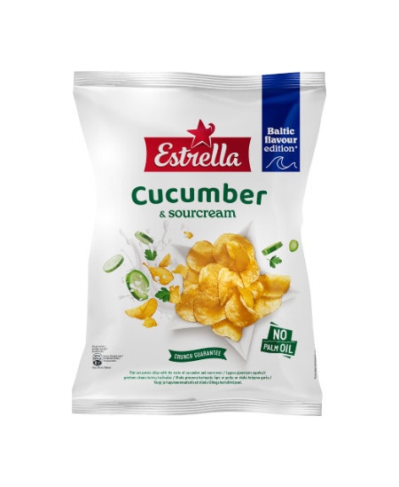 Bulvių traškučiai ESTRELLA, lygaus pjaustymo agurkų ir grietinės skonio, 170g