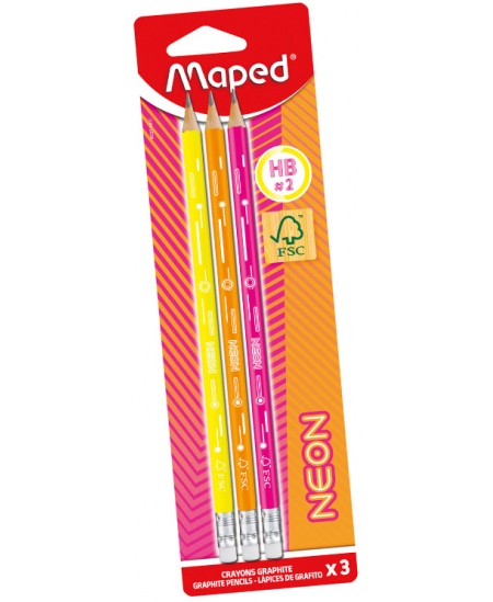 Grafitiniai pieštukai MAPED Black Peps Neon, HB, trikampiai, su trintuku, 3 vnt.